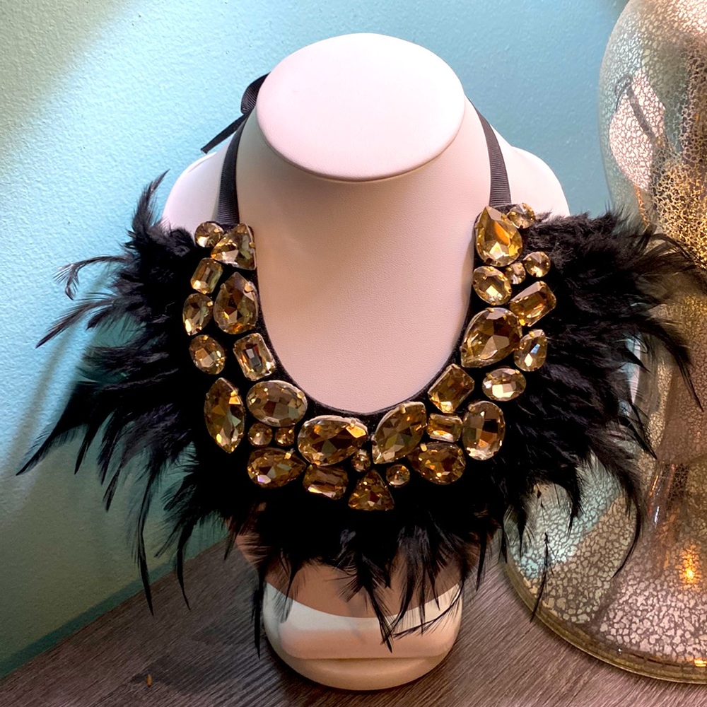 Gorgeous Black Feather tie on necklace with light gold stones